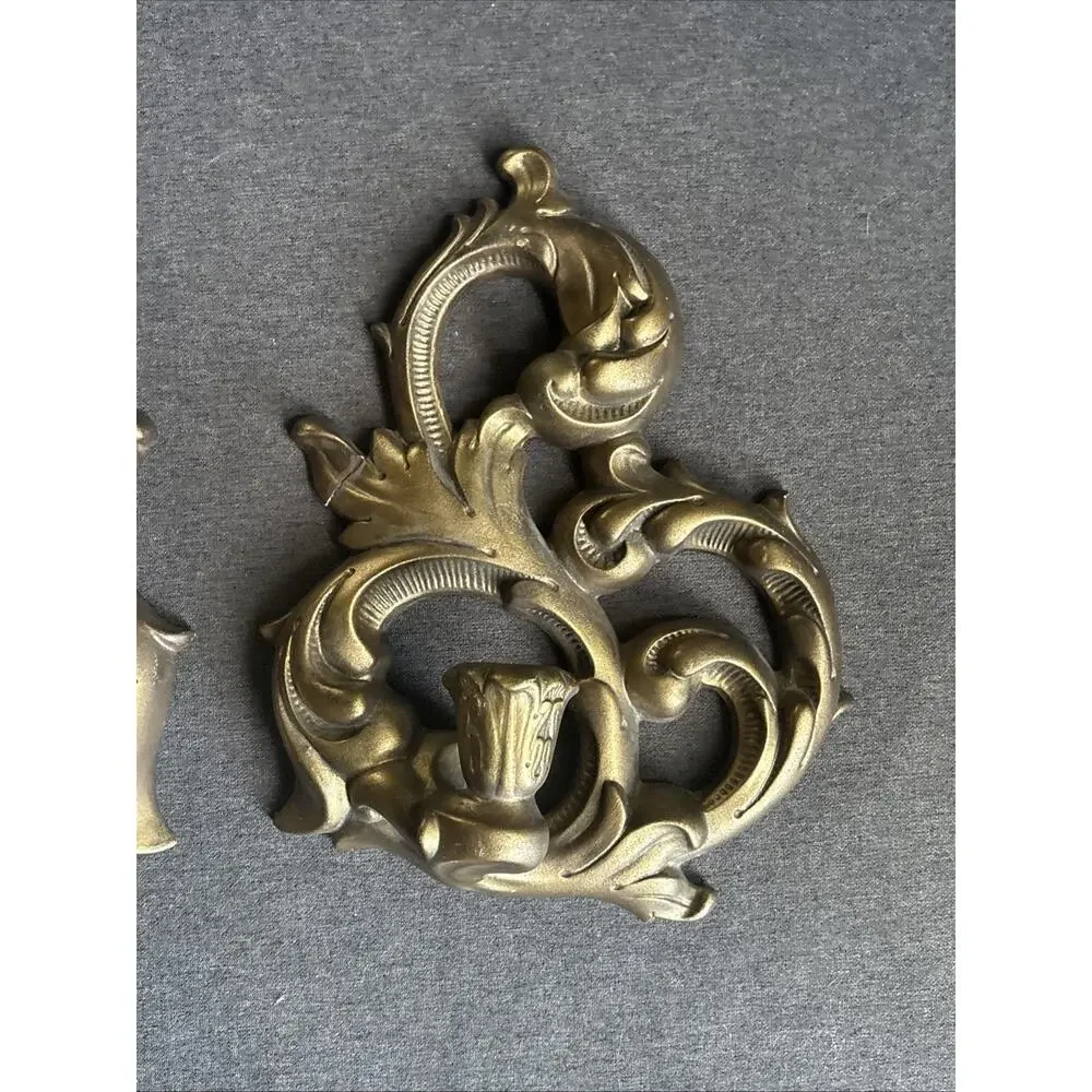 Vintage Holland Mold Gold Tone Metal Wall Candle Sconces Pair Ornate Baroque